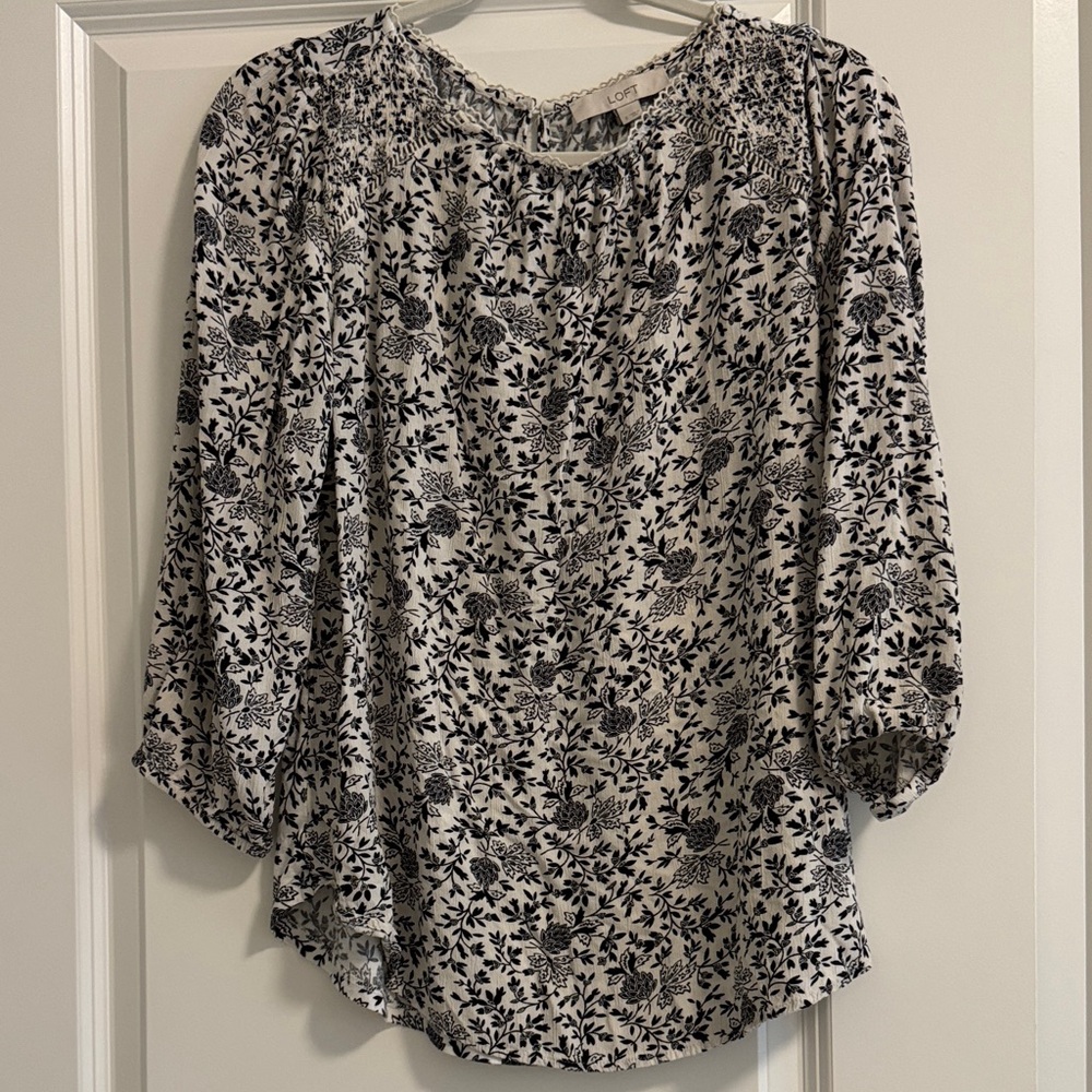 LOFT Black and White Floral Blouse